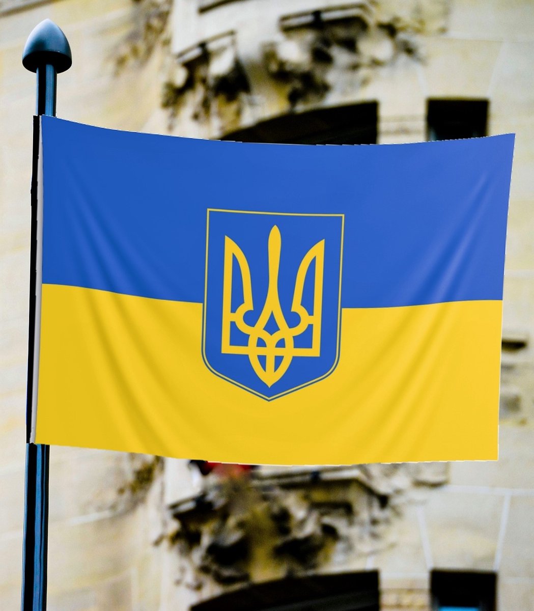 Vlag Oekraïne 100x70 | Gevelvlag | Tryzub | Symbool - wapen Oekraine | Ukraine